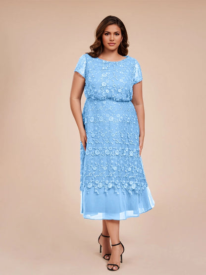 Elegant A‑Line Round Neck Short Sleeve Zipper‑Back Midi Length Formal Plus Size Mother Of The Bride Dress
