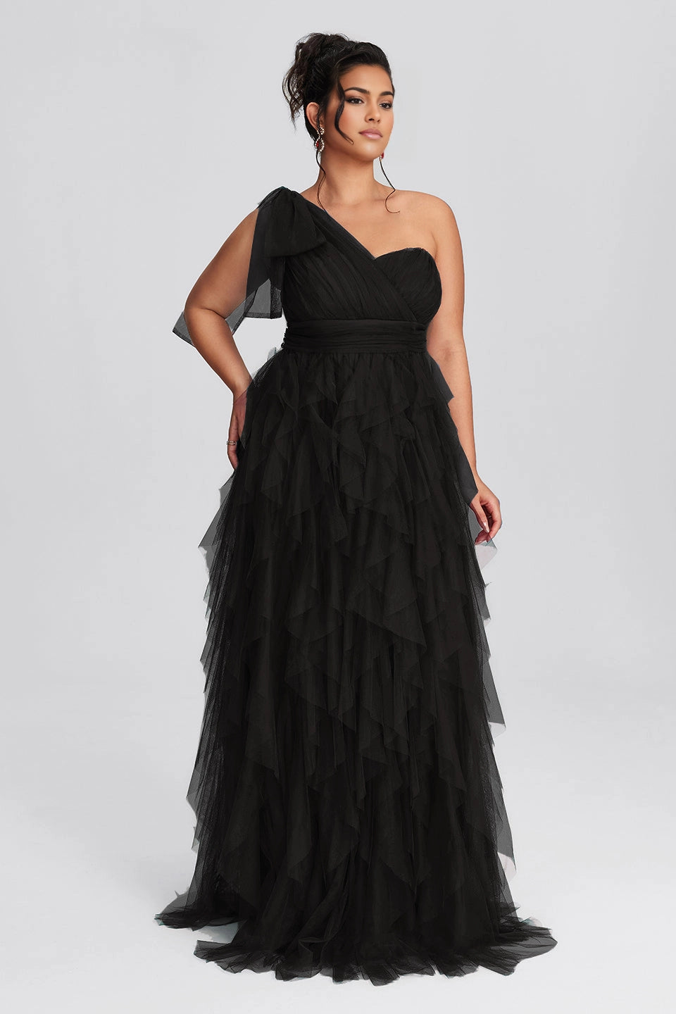 Peacock Plus Size A-Line One Shoulder Closed Back Long Prom Dress