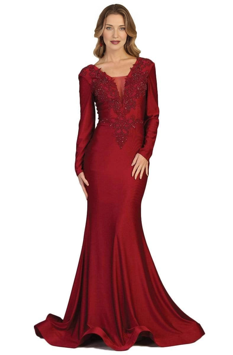 Elegant Mermaid V-Neck Long Sleeve Open-Back Train Mother of the Bride Dresses