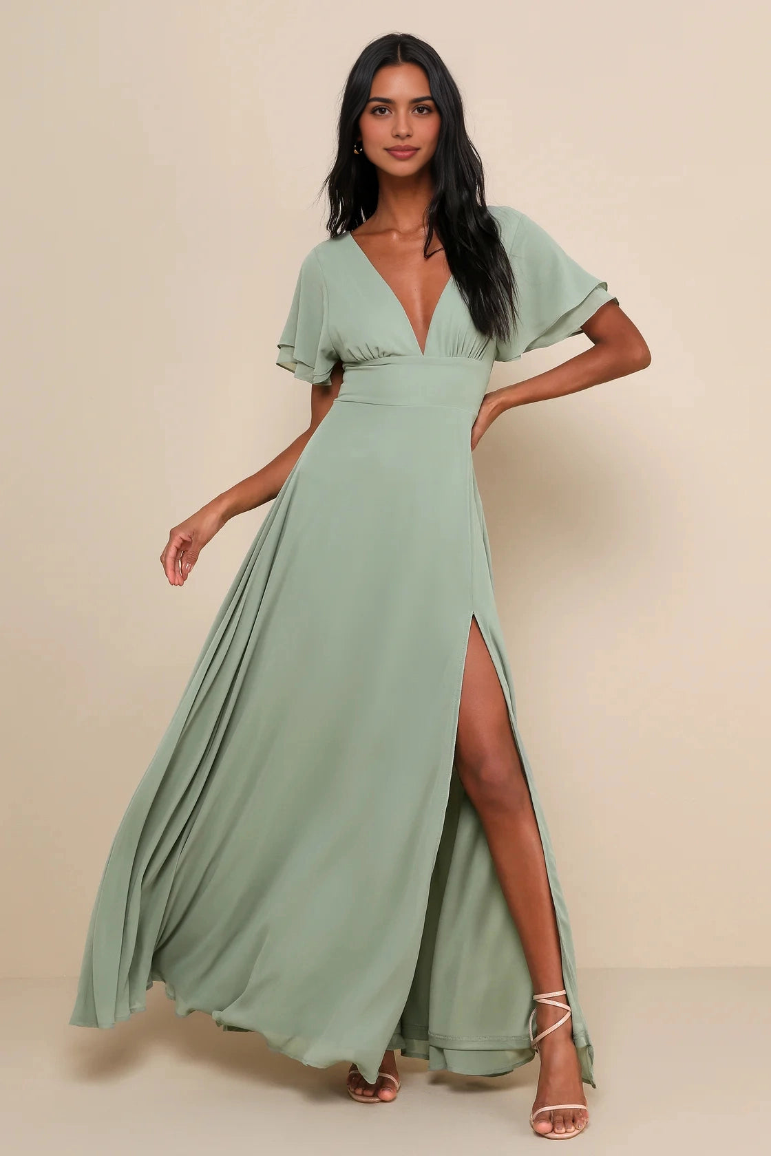 RoselleDress sage green chiffon A-line bridesmaid dress deep v flutter sleeve high slit beige studio shot