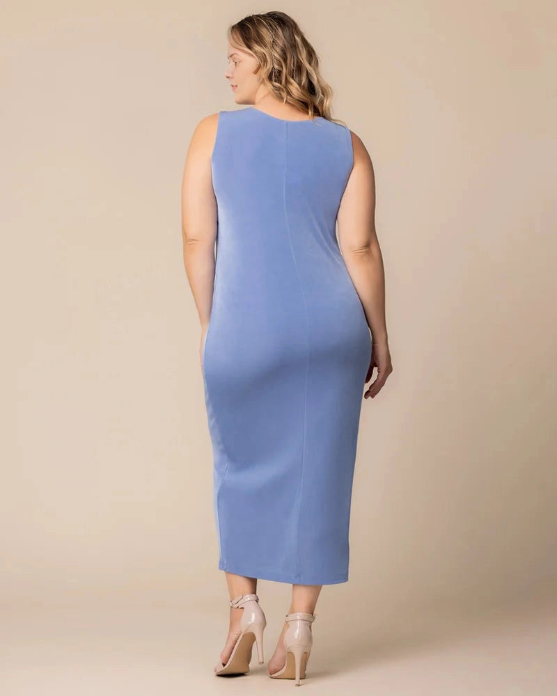 Roselle Dress plus size dusty blue velvet sleeveless scoop neck formal midi dress back view