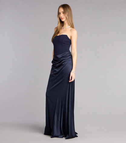 Navy Mermaid Strapless Sleeveless Open Back Floor-Length Prom  Dress