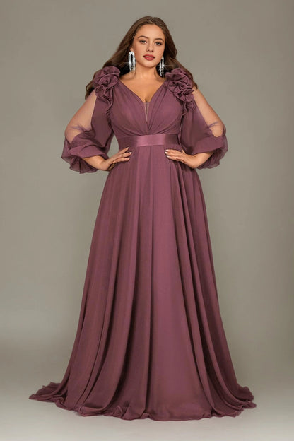 Flowy A-Line Deep V Split-Sleeve Zipper-Back Floor-Length Plus Size Burgundy Mother Of Bride Dress