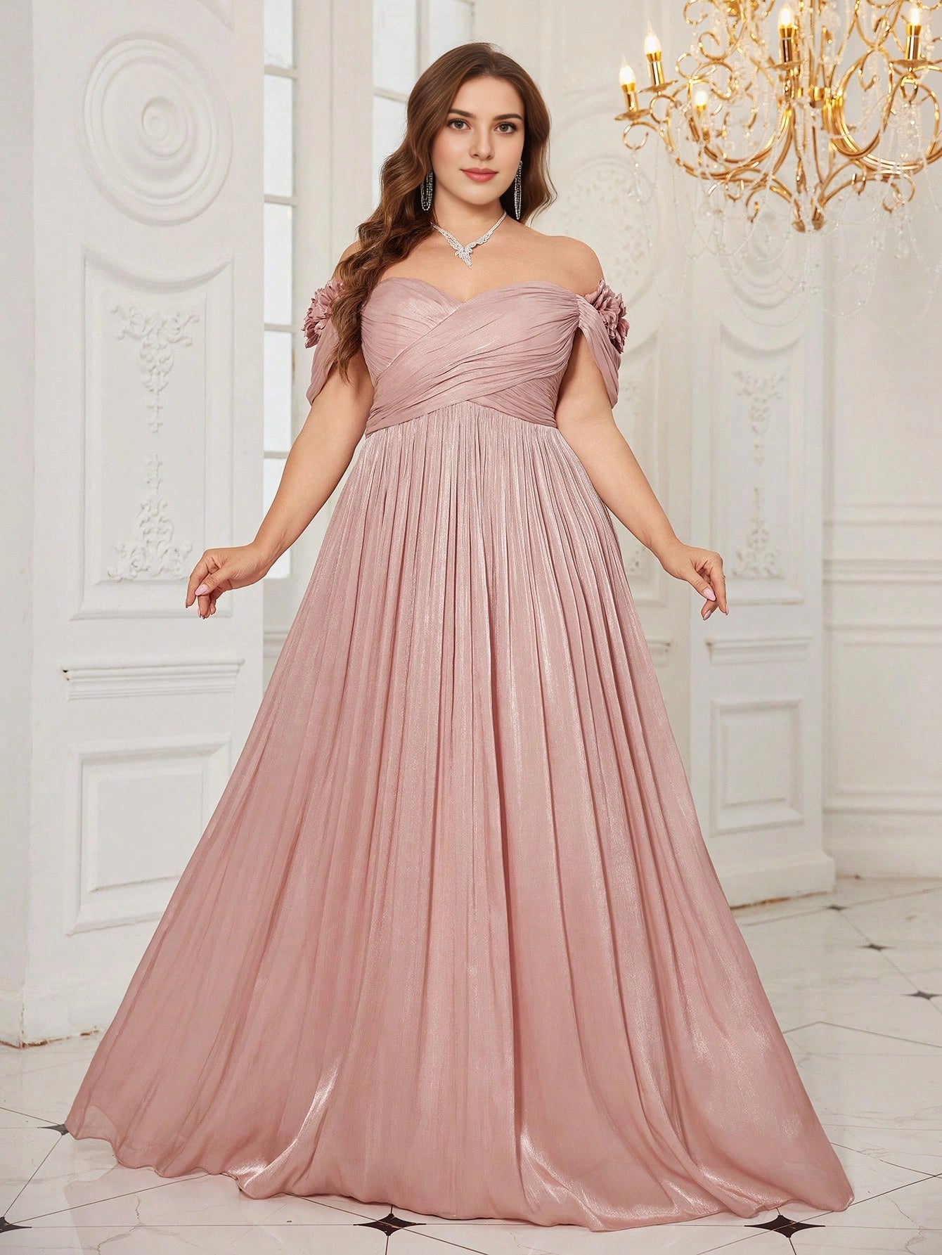 Roselledress plus size dusty pink shimmer prom dress off‑the‑shoulder 3d floral sleeve a‑line floor length front view