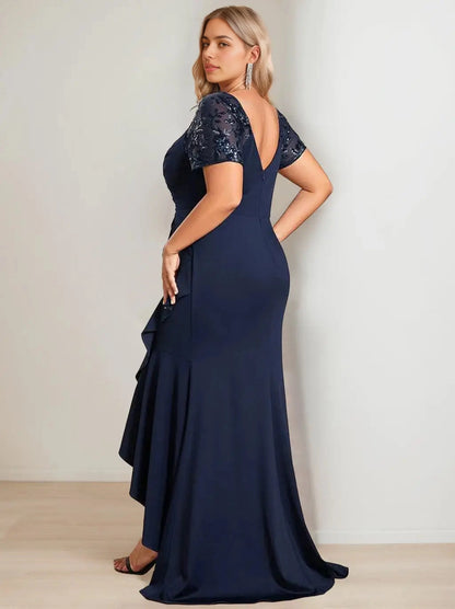 Roselledress curvy navy mother of bride dress deep u back zipper sequin lace sleeve long train gown
