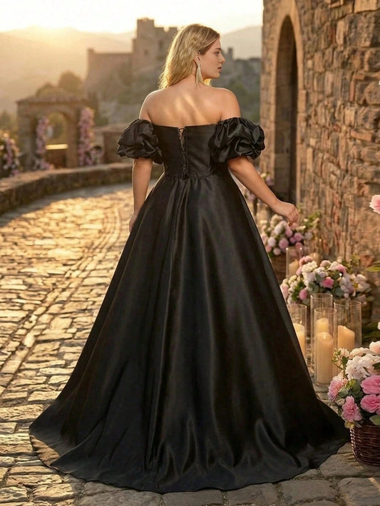 Back view Roselledress black plus size ball‑gown prom dress lace‑up corset back detachable puff sleeve floor‑length satin gown