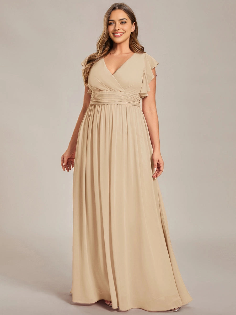 Roselledress nude chiffon plus size A line bridesmaid dress wrap V neck flutter short sleeves flow maxi formal gown for wedding guest
