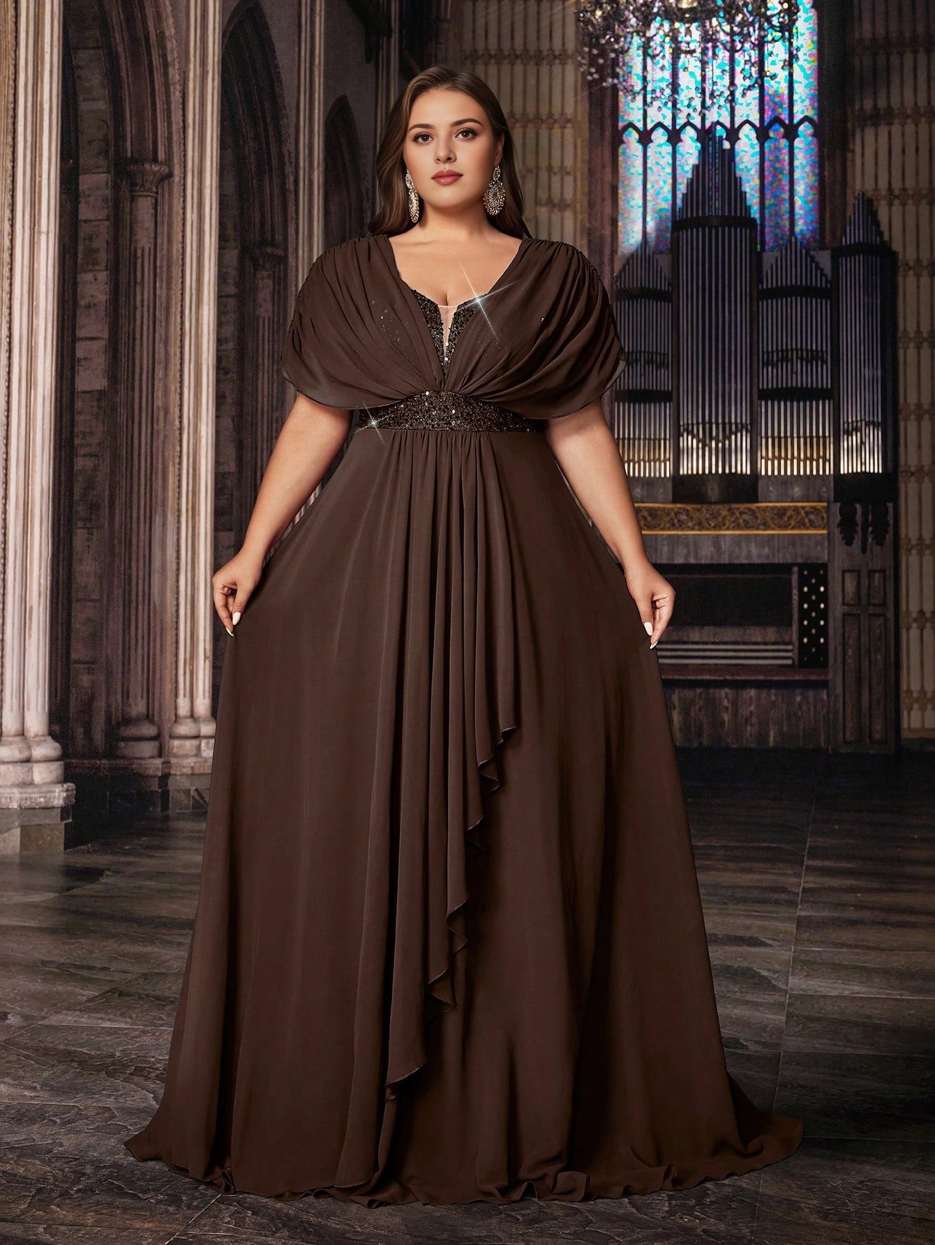 roselledress chocolate brown plus size a‑line prom dress v‑neck cape sleeve sequin waist chiffon formal gown for curvy women