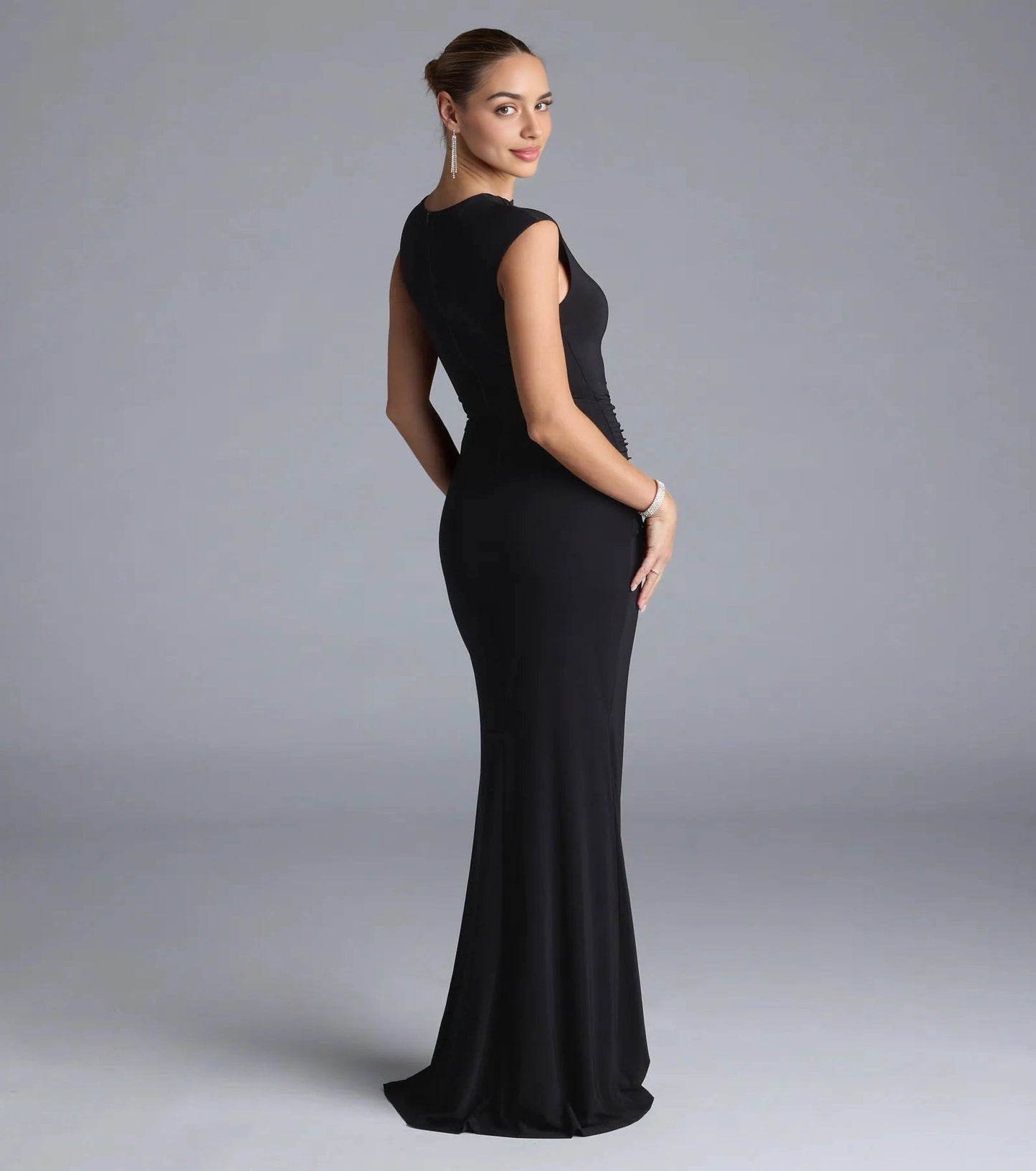 Back view RoselleDress black cutout neck mermaid gown fitted closed back floor length evening dress