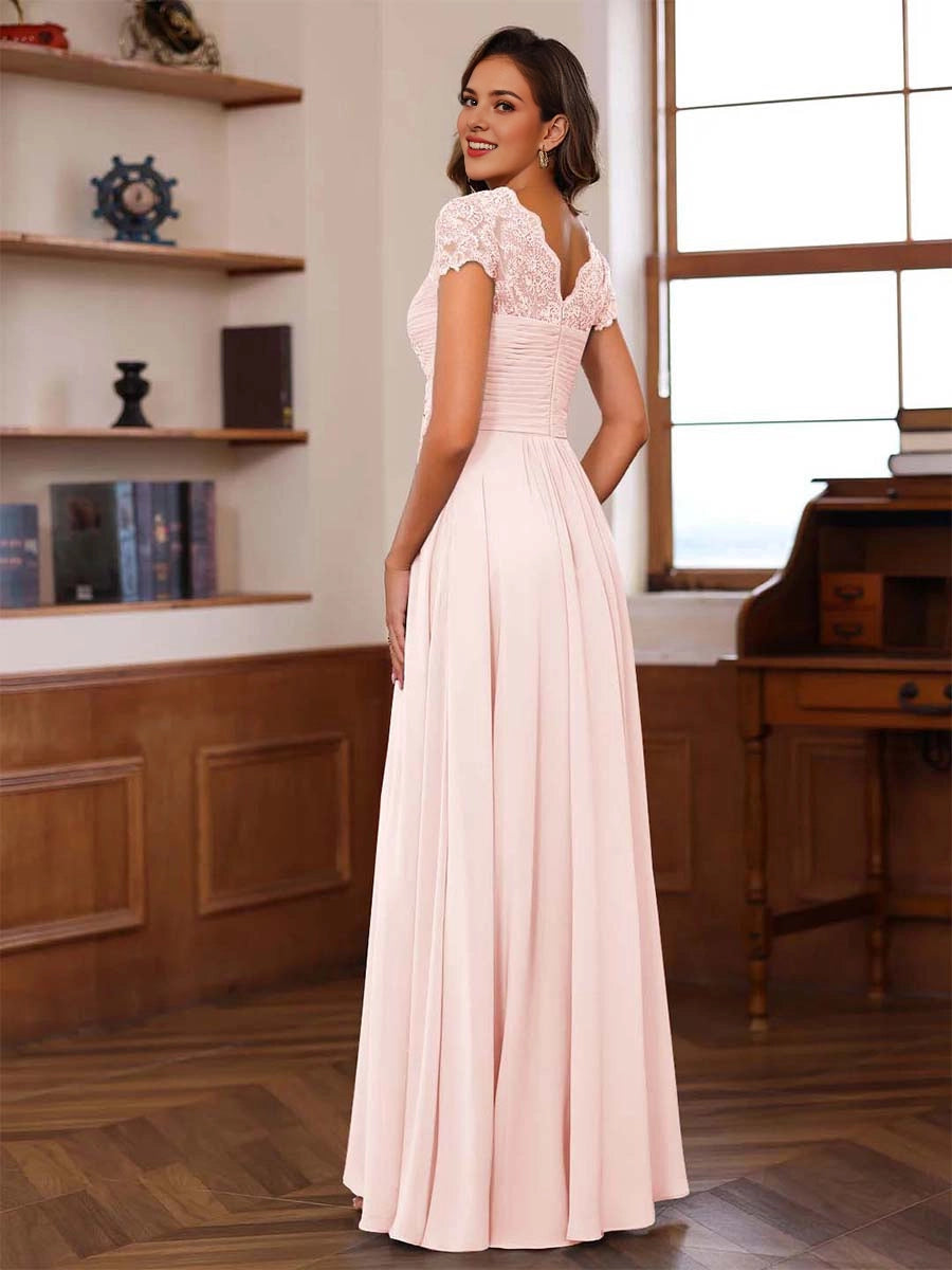 roselledress light pink ruched v back lace formal evening mother gown
