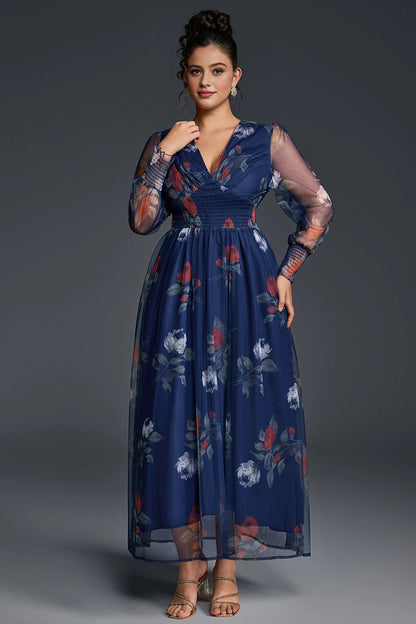 Flowy A-Line Deep V Sheer-Sleeve Plain-Back Midi Plus Size Floral Mother Of Bride Dress