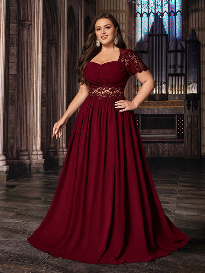 Burgundy Plus Size A‑Line Sweetheart Short‑Lace‑Sleeve Zip‑Back Long Prom Dress
