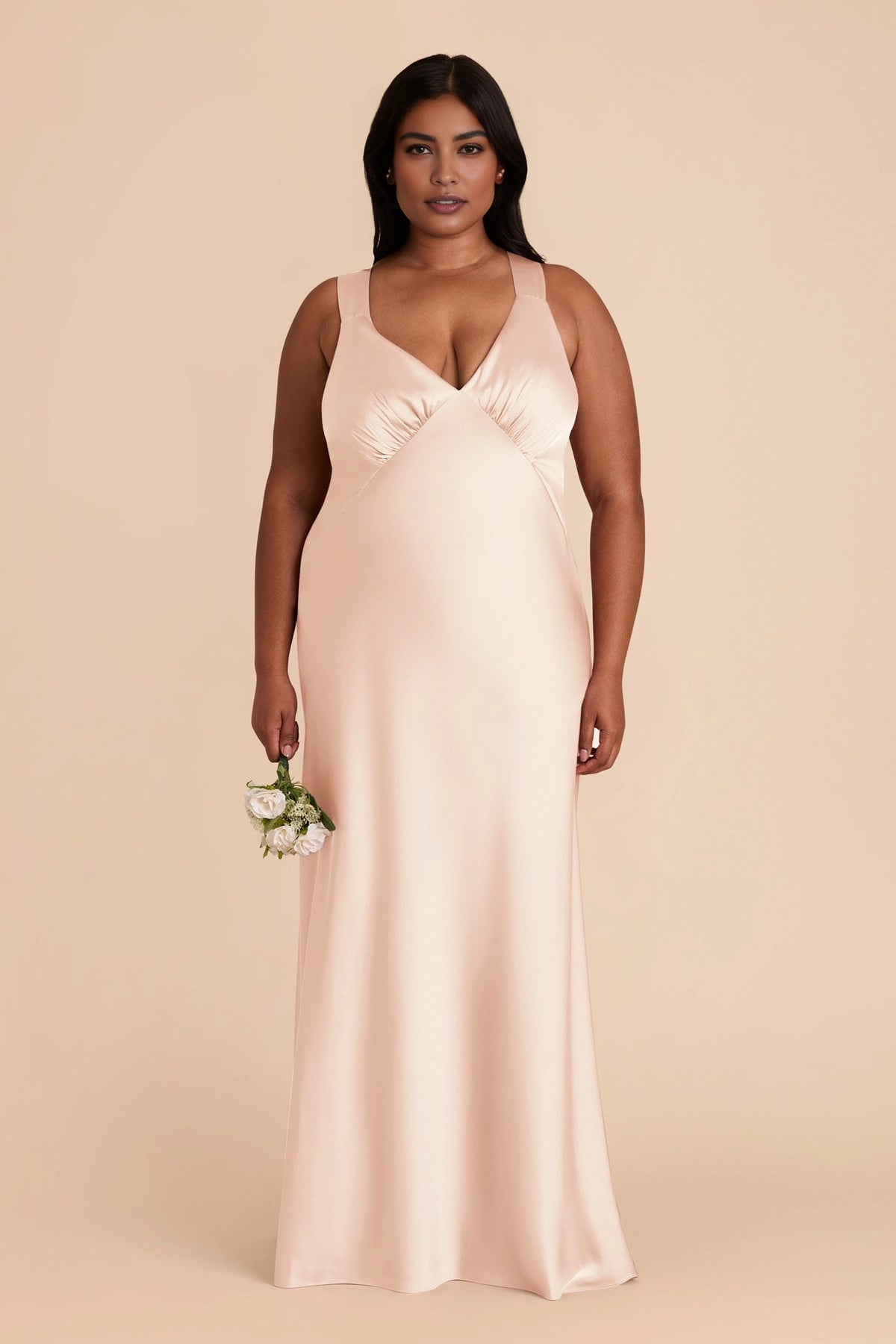 Soft Satin Mermaid V Neck Sleeveless Cross Back Maxi Plus Size Bridesmaid Dress
