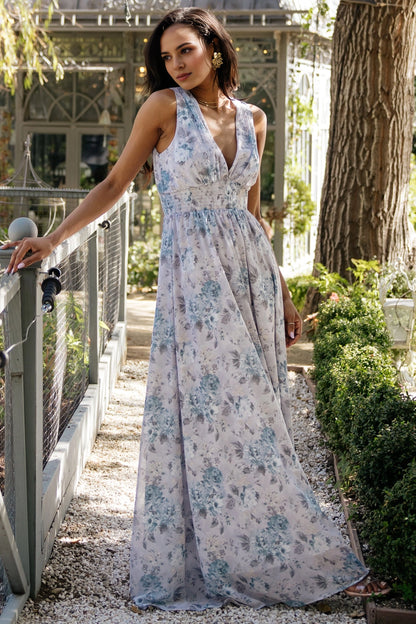 Soft A-Line V-Neck Sleeveless Plain-Back Floor-Length Floral Mother Of Bride Dress
