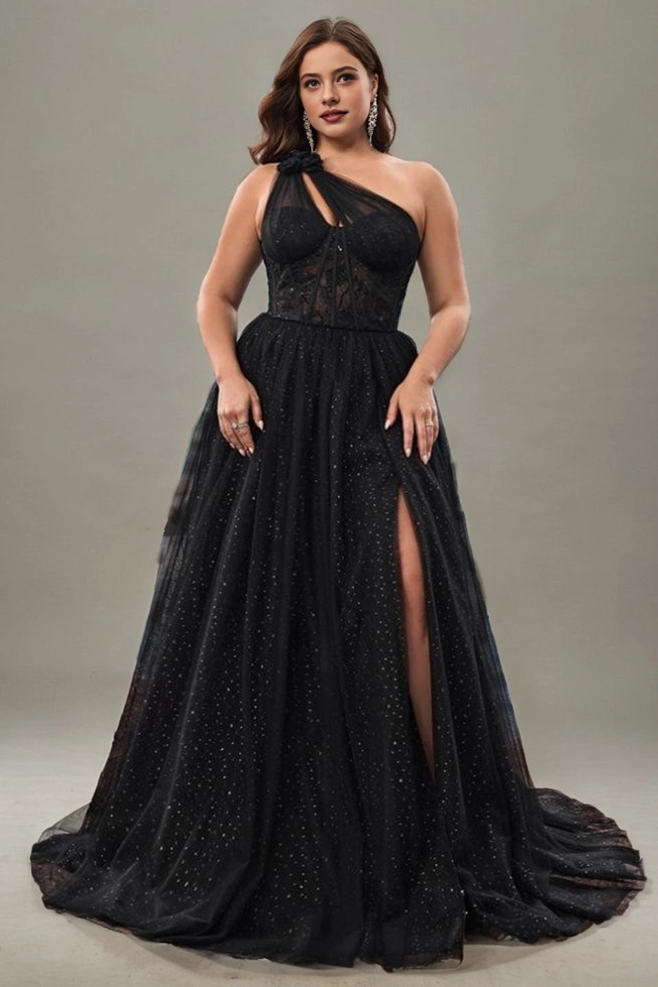 A-line Train One-Shoulder Lace-Corset Lace-Up-Back Maxi plus size Mother Of Bride Dress