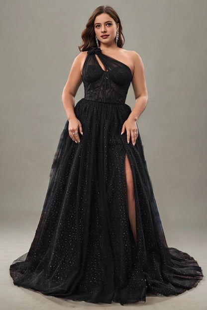 A-line Train One-Shoulder Lace-Corset Lace-Up-Back Maxi plus size Mother Of Bride Dress