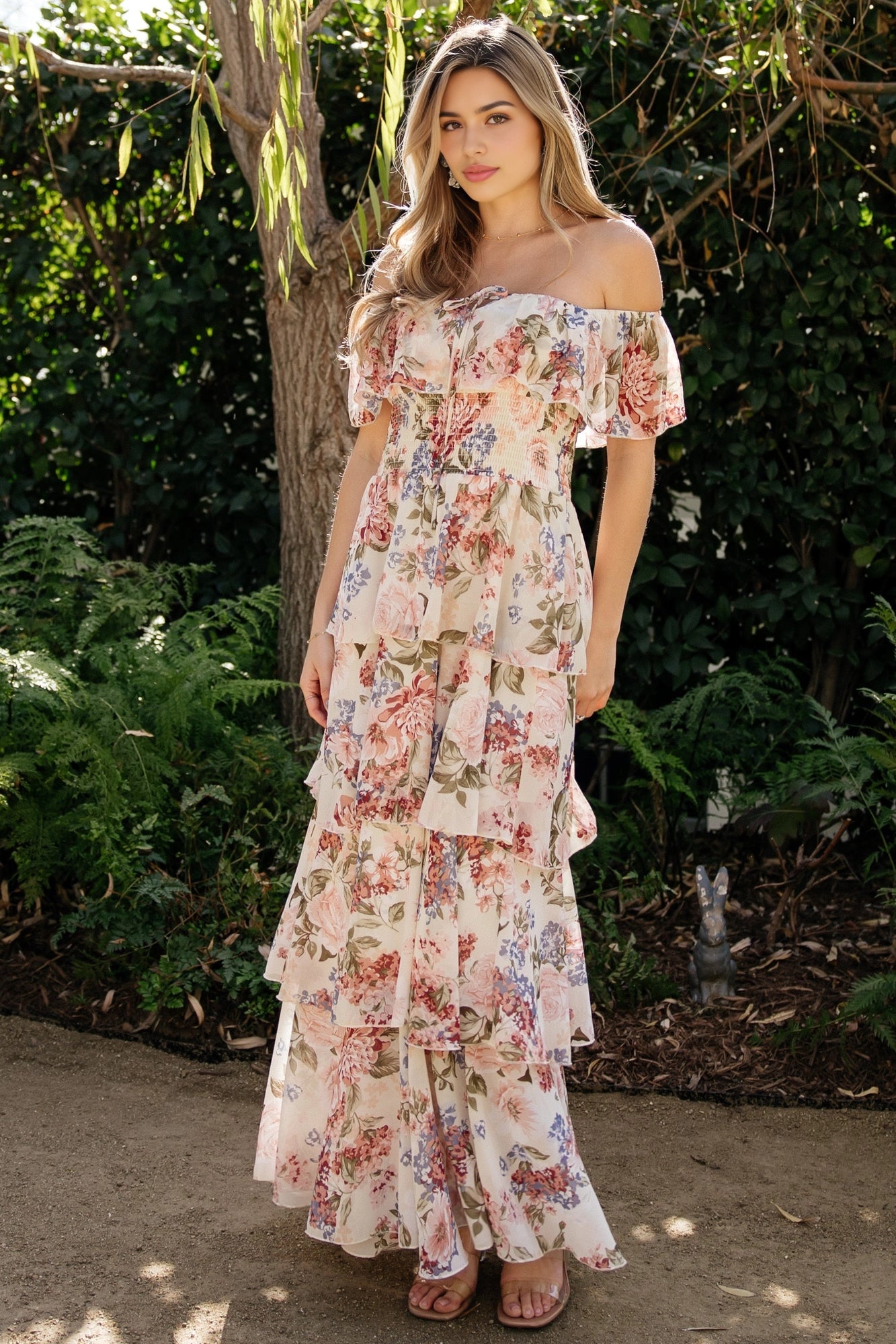 Romantic Tiered Off-Shoulder Short-Sleeve Solid-Back Floor-Length Floral Plus Size Mother Of Bride Dress