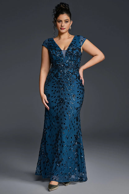 Slim Mermaid Deep V Cap-Sleeve V-Back Floor-Length Plus Size Mother Of Bride Dress