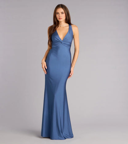 RoselleDress Dusty Blue Satin Halter Twist Front Mermaid Maxi Bridesmaid Dress Front View