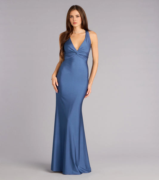RoselleDress Dusty Blue Satin Halter Twist Front Mermaid Maxi Bridesmaid Dress Front View