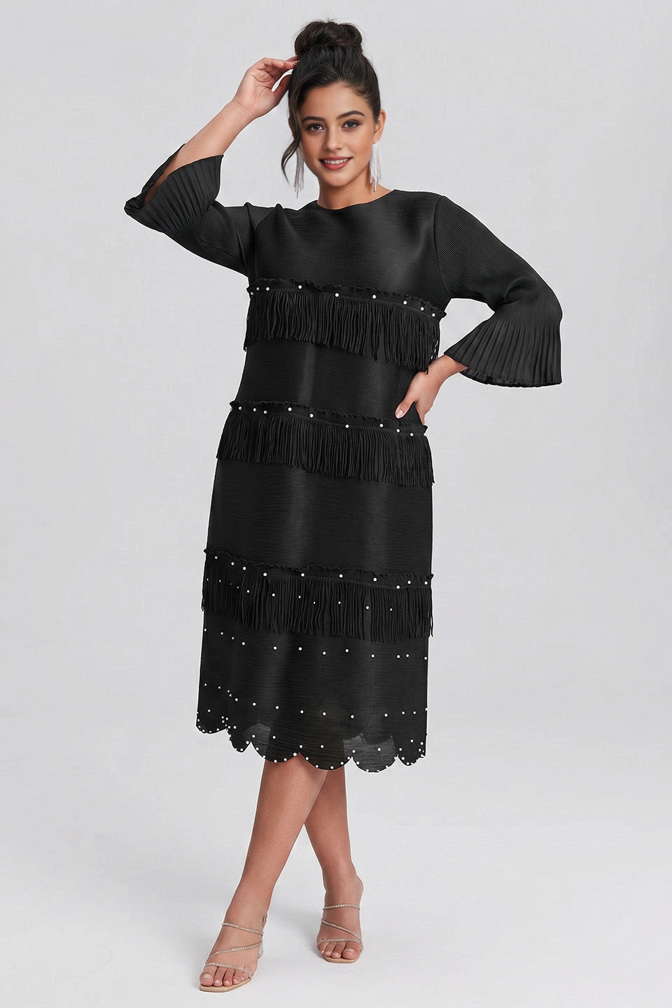 Shift Midi Round-Neck Pleated-Sleeve Solid-Back Midi plus size Mother Of Bride Dress
