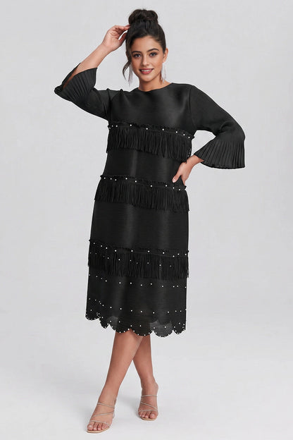 Shift Midi Round-Neck Pleated-Sleeve Solid-Back Midi plus size Mother Of Bride Dress