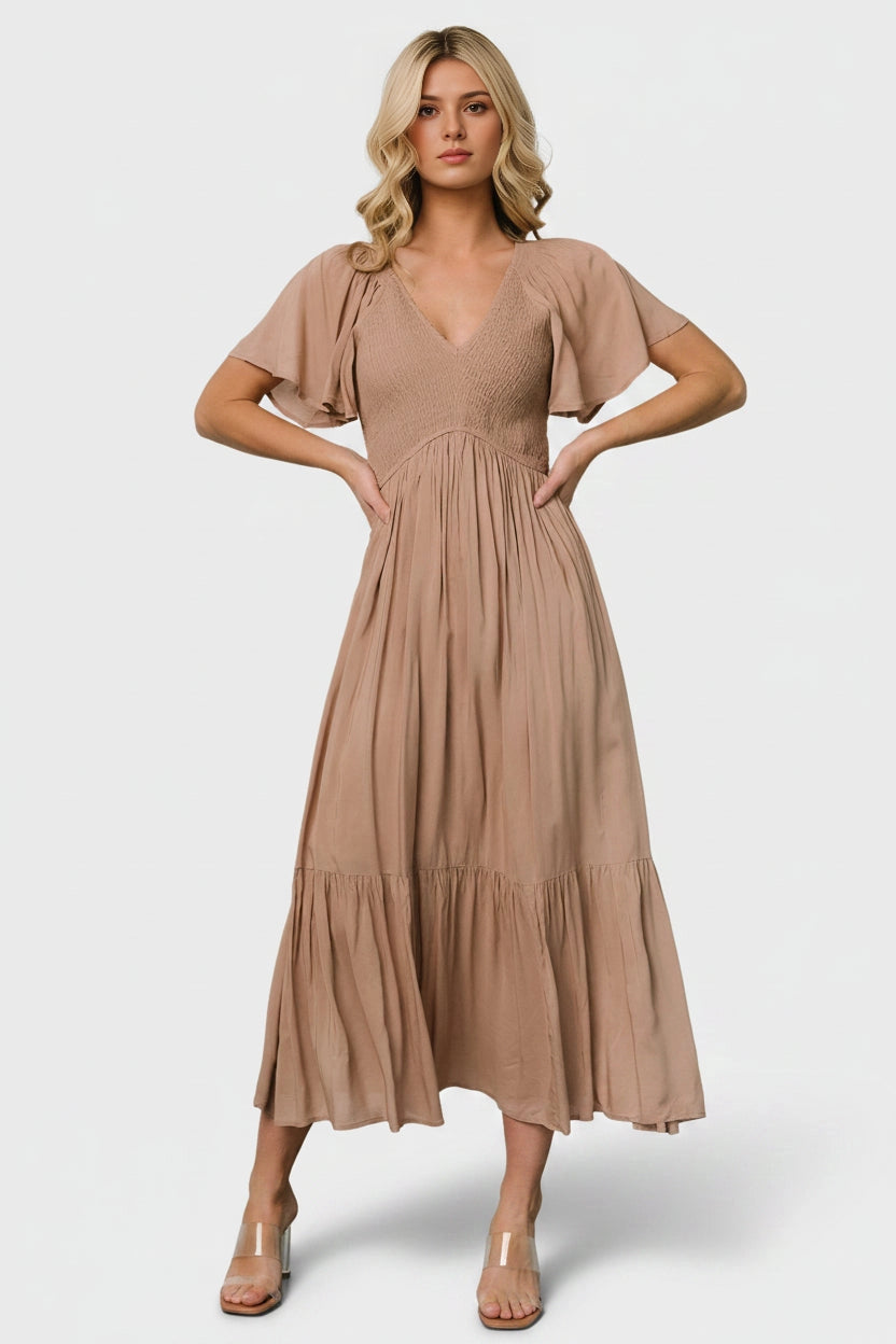 Roselledress taupe smocked midi guest dress v neck flutter sleeve front view