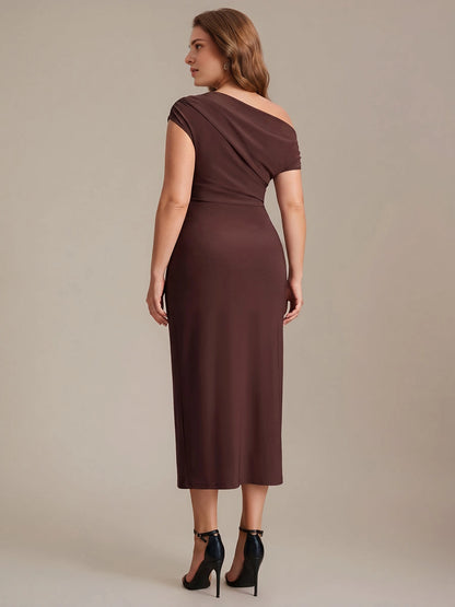roselledress brown stretch jersey formal dress plus size solid plain back midi wedding guest dress