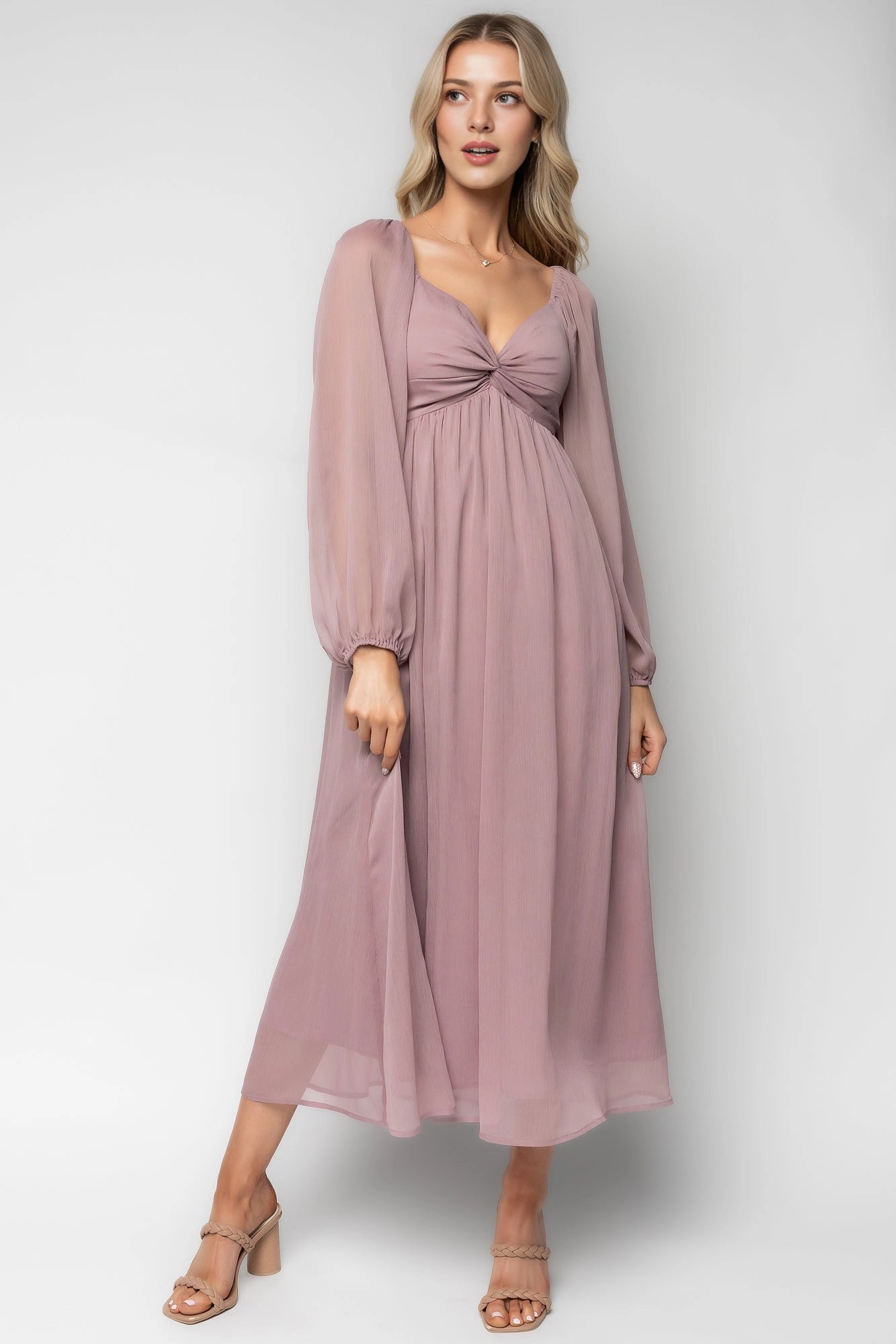 roselledress dusty mauve maternity bridesmaid midi dress twist v neck long sleeve chiffon pregnancy gown