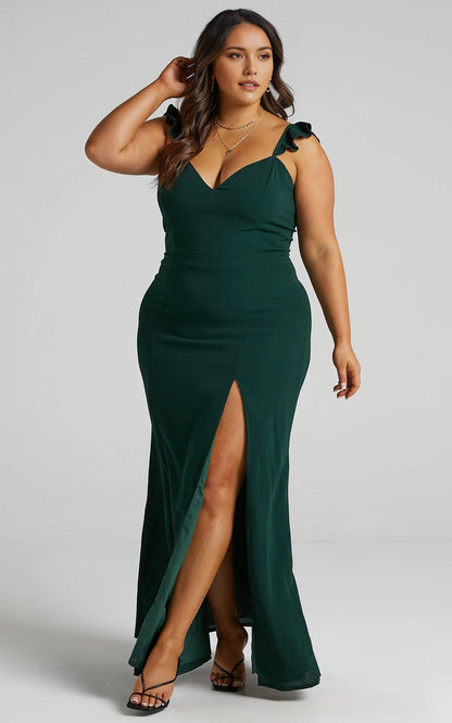 Ruffle Strap V Neck Tie Back Cutout High Slit Mermaid Plus Size Wedding Guest Dress 