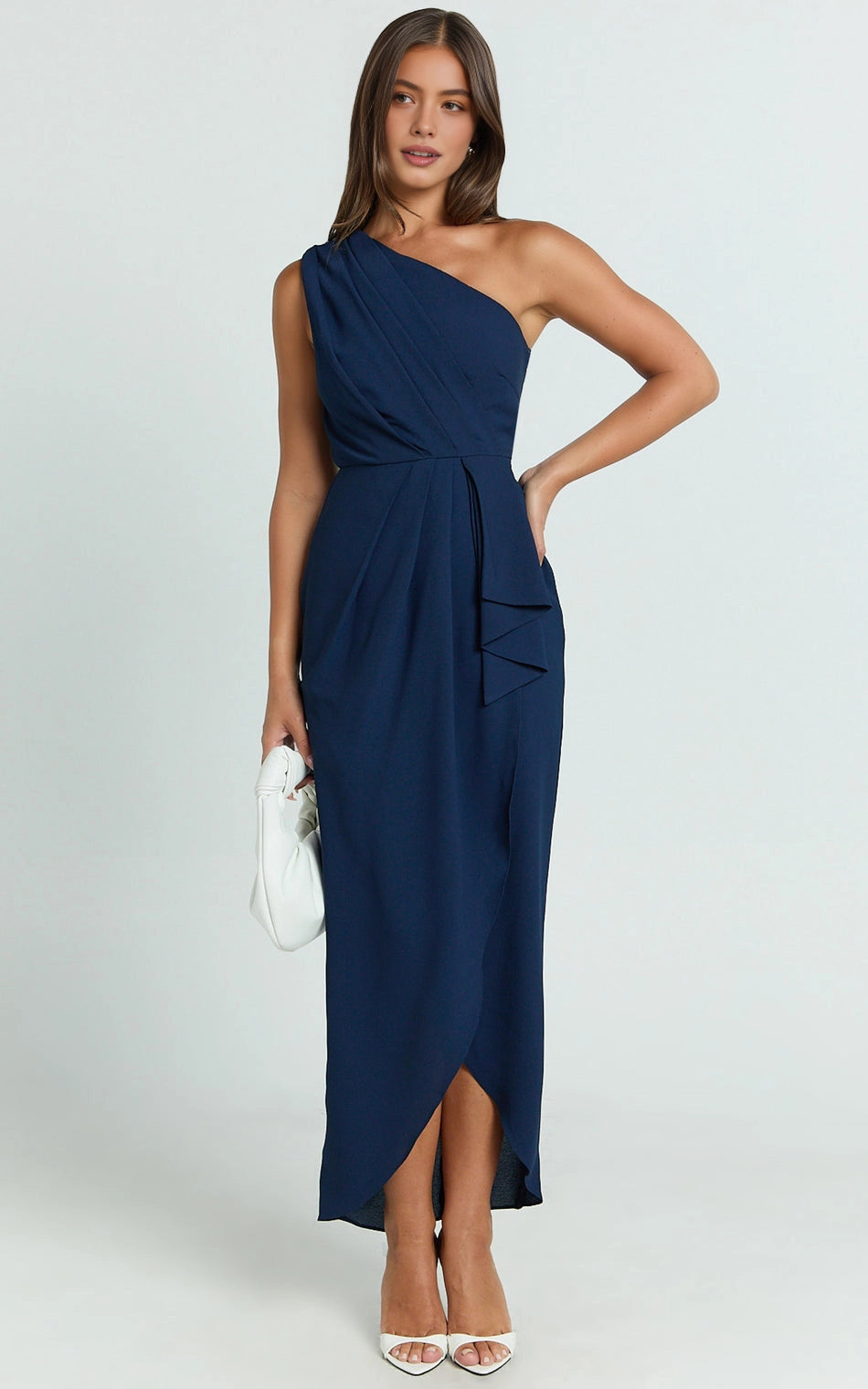 Elegant Wrap One Shoulder Plain Back Ruched Side Slit Plus Size Maxi Formal Wedding Guest Dress