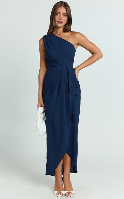 Elegant Wrap One Shoulder Plain Back Ruched Side Slit Plus Size Maxi Formal Wedding Guest Dress