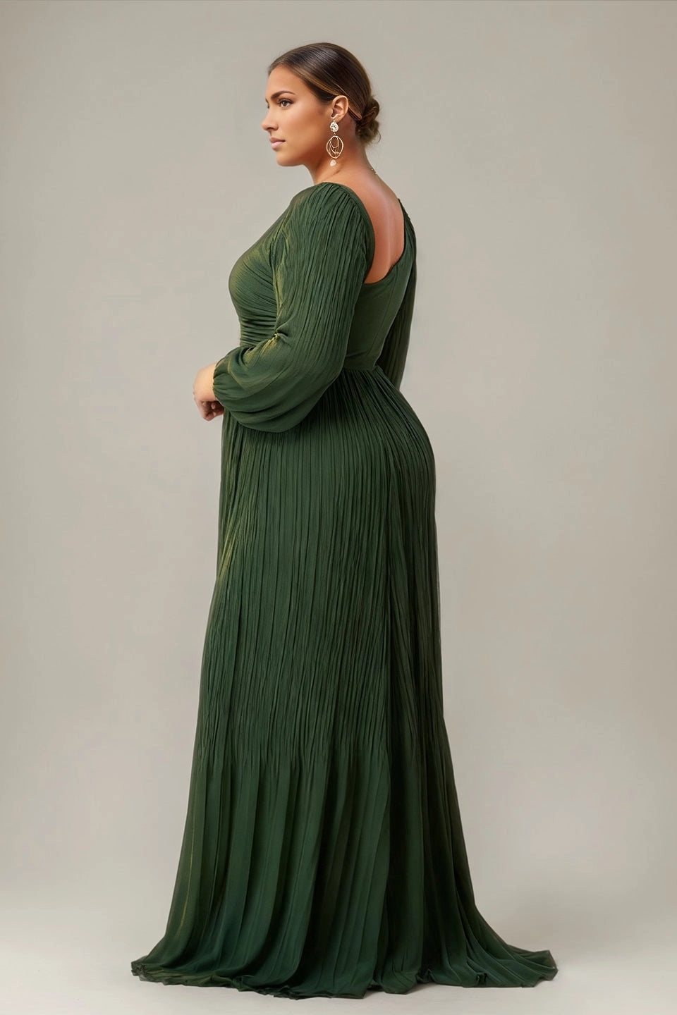 Back view Vedress Peacock plus size pleated a-line prom dress long sleeve formal gown