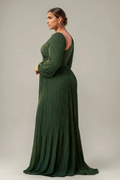 Back view Vedress Peacock plus size pleated a-line prom dress long sleeve formal gown