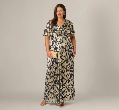 Luxurious A-Line V-Neck Flutter-Sleeve Closed-Back Floor-Length Mother of the Bride Dresses