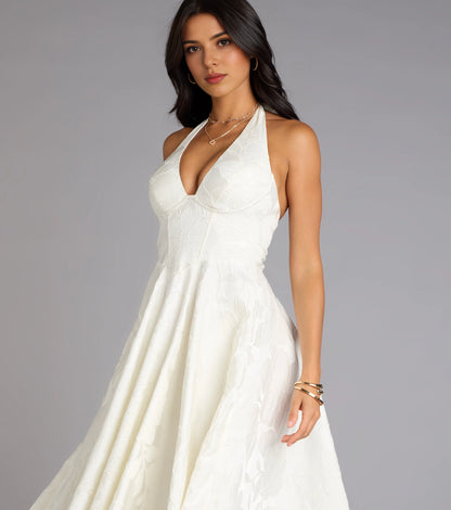 Roselledress Soft A-Line Halter V Neck Lace-Up-Back Midi Tea Length Plus Size Prom Dress