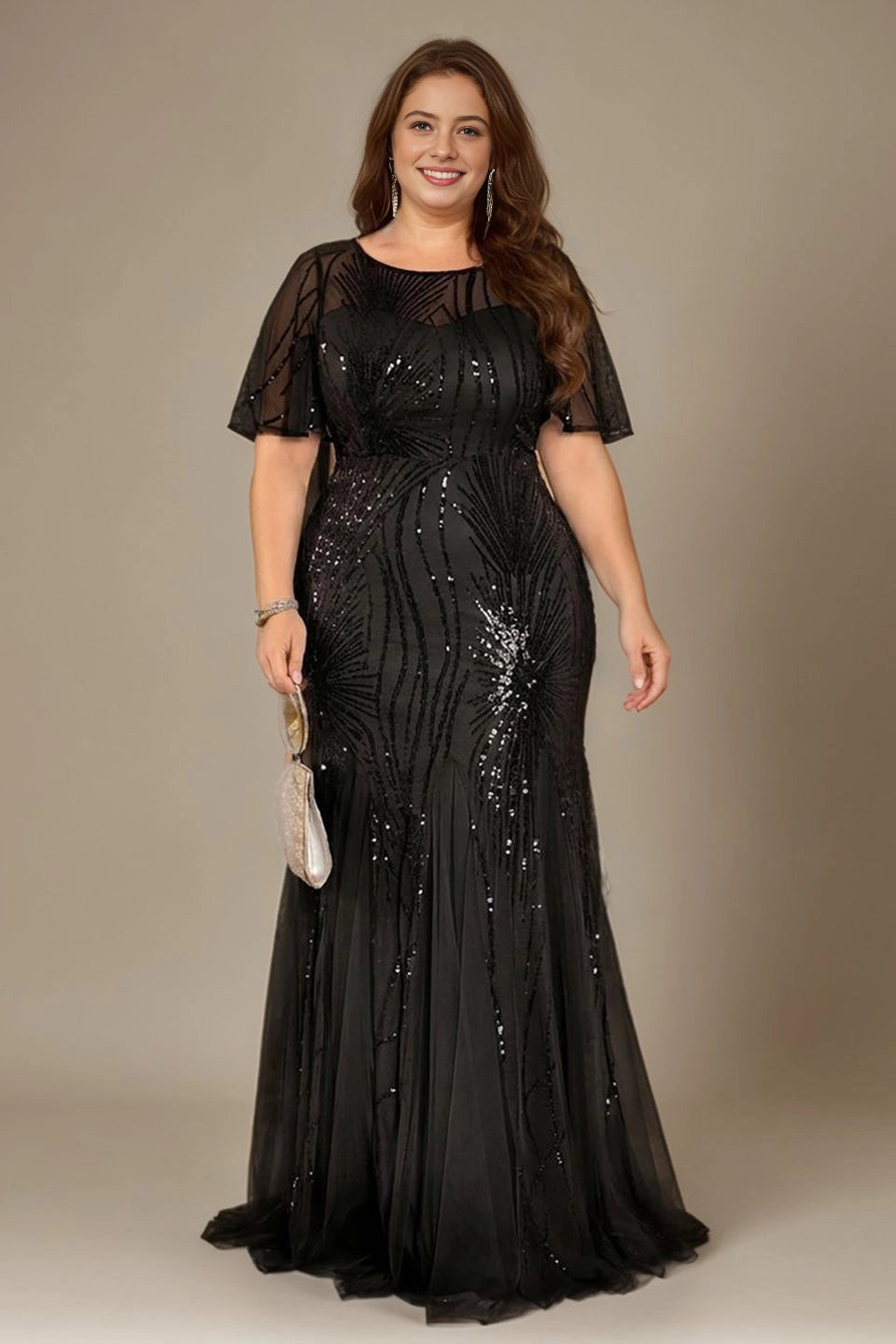 roselledress black plus size mother of bride dress round neck flutter sleeve sequin mermaid formal maxi gown