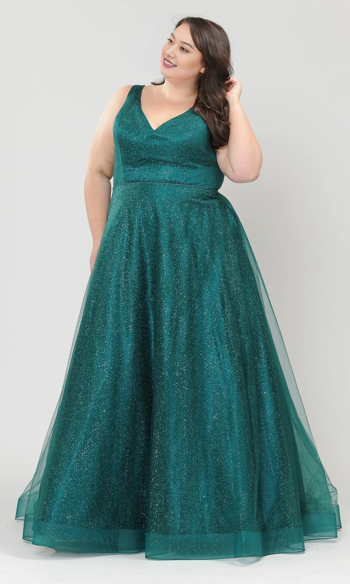 Glitter A-Line V-Neck Sleeveless Lace-Up Back Floor Length Plus Size Tulle Prom Dress