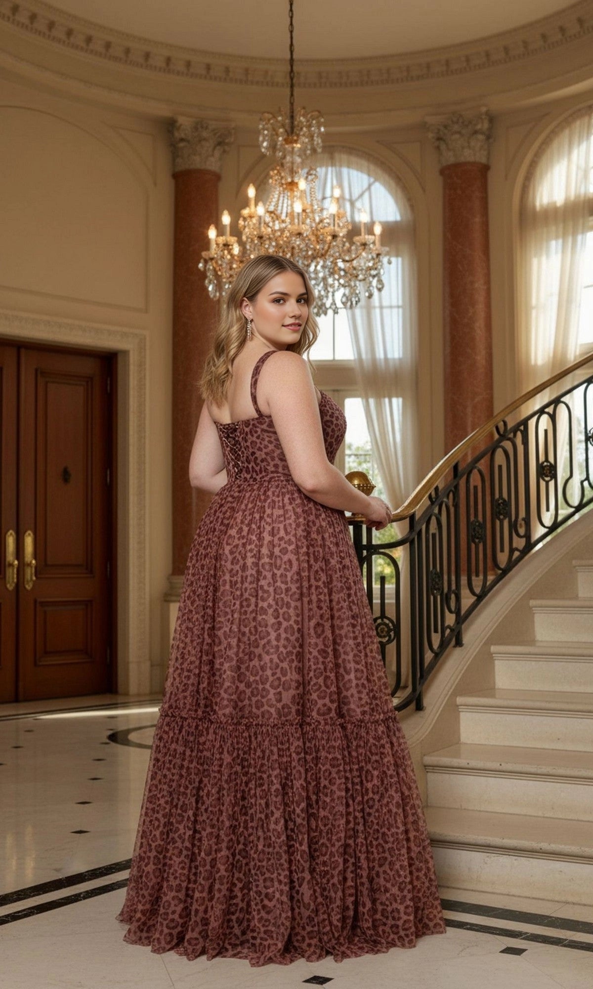 Roselledress brown leopard print a‑line prom dress back view, lace‑up corset back tiered tulle evening gown