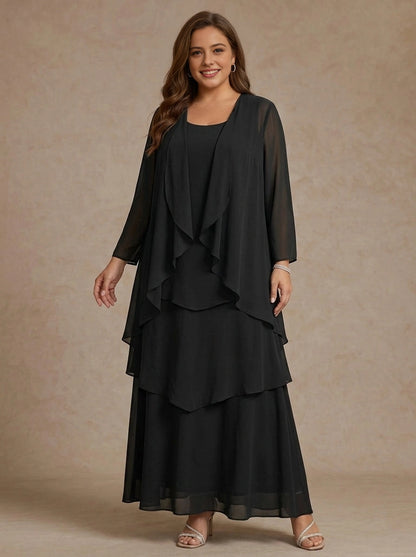 Roselledress black three piece plus size mother dress round neck tank layered maxi skirt 3/4 sleeve chiffon open front jacket formal evening gown