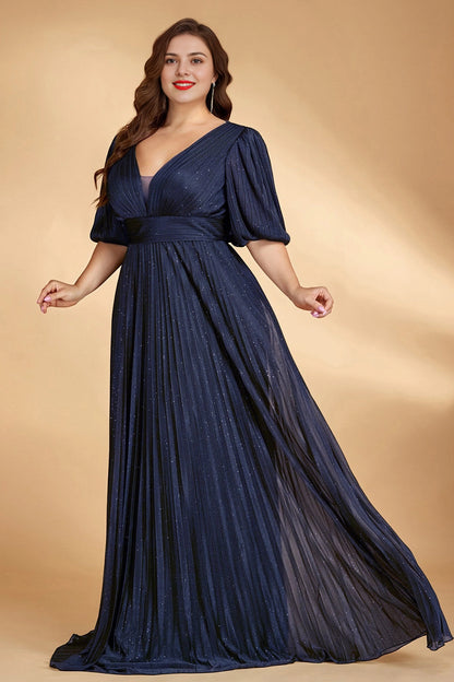 Plus Size Sparkly Navy A Line V Neck Puff Sleeve Zipper Back Long Prom Dress