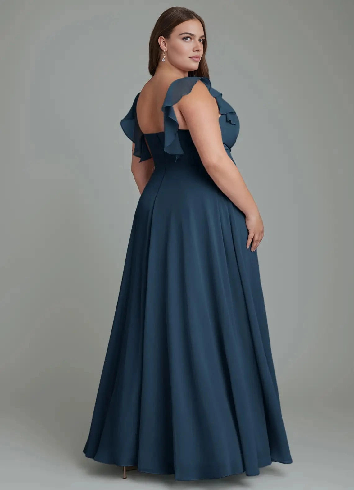 Burgundy Plus Size Chiffon A-Line V-Neck Ruffled Open Back Maxi Bridesmaid Dress