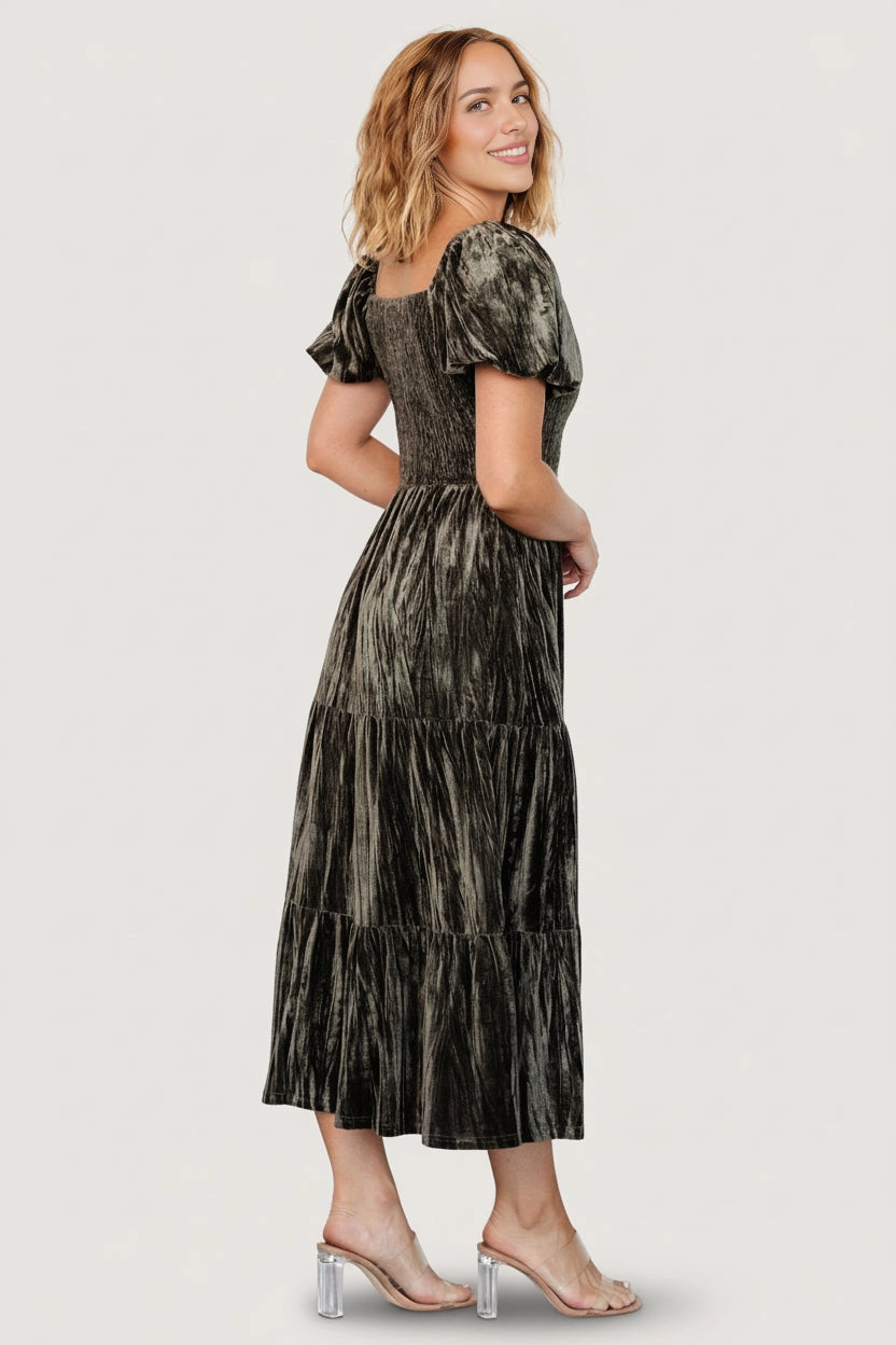 Modest A‑Line Square‑Neck Puff‑Sleeve Smocked‑Back Midi Mother Of The Bride Dress