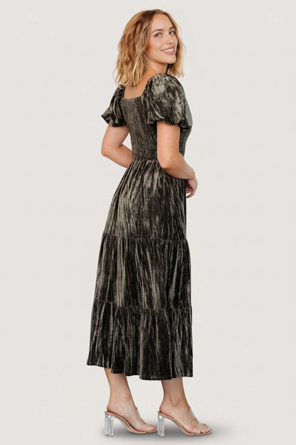 Modest A‑Line Square‑Neck Puff‑Sleeve Smocked‑Back Midi Mother Of The Bride Dress