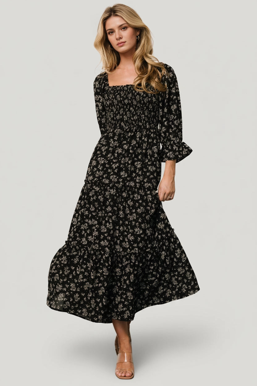 Flowy Tiered Square-Neck Puff Sleeve Smocked-Back Maxi casual Mother Of Bride Dress