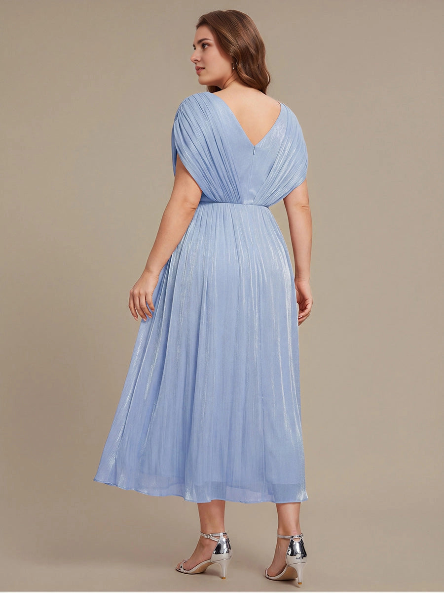 Roselledress double V back pleated chiffon plus size formal gown invisible zipper rear shot