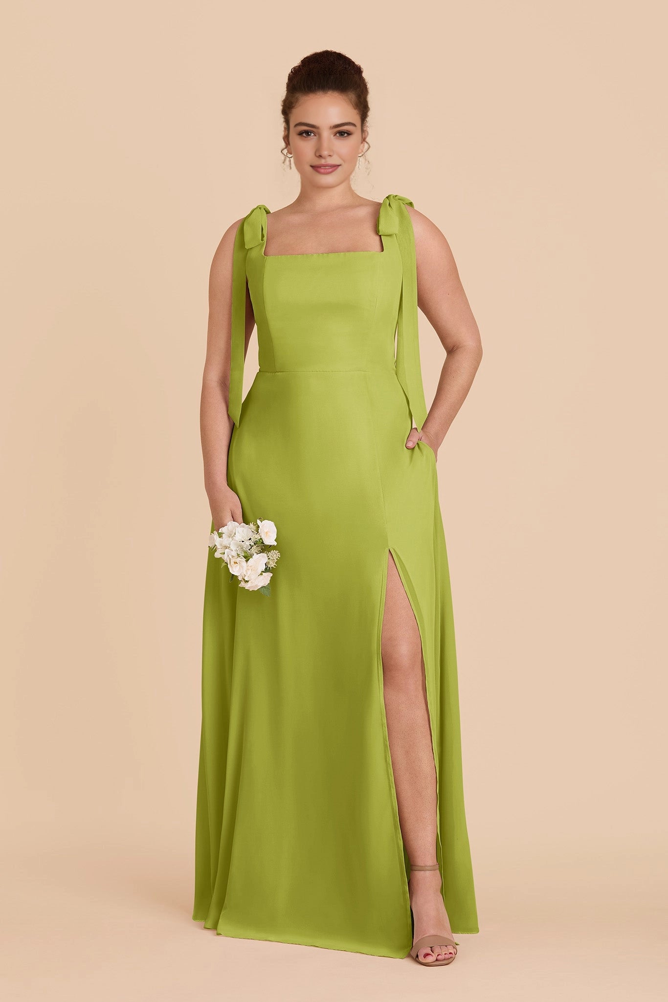 Flowy Chiffon A‑Line Square Neck Tie‑Strap Square‑Back Slit Maxi Plus Size Bridesmaid Dress