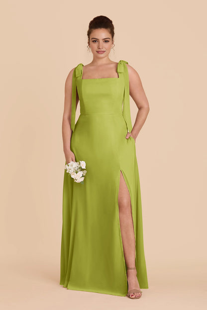 Flowy Chiffon A‑Line Square Neck Tie‑Strap Square‑Back Slit Maxi Plus Size Bridesmaid Dress
