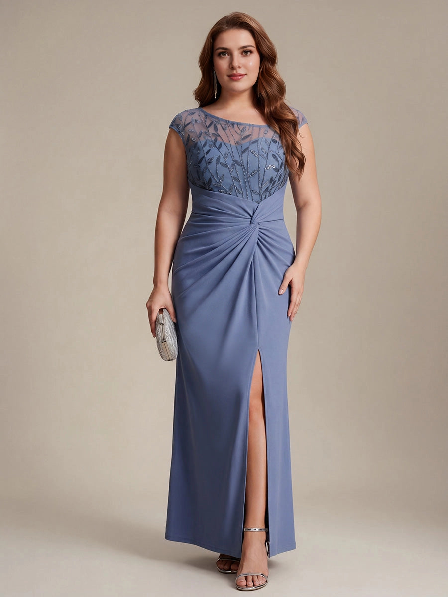 Roselledress Fitted Maxi Bateau Cap-Sleeve Mesh-Zip-Back Slit-Length Plus Size Weeding Guest Dress