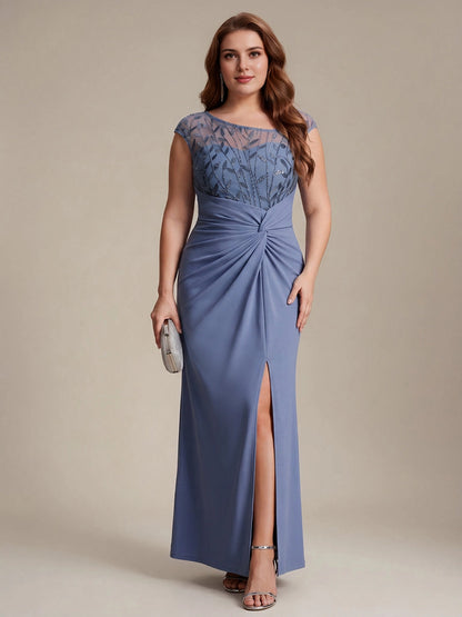 Roselledress Fitted Maxi Bateau Cap-Sleeve Mesh-Zip-Back Slit-Length Plus Size Weeding Guest Dress